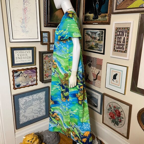 70s Vintage Tropicana Blue and Green Lightweight Polyester Hawaiian MuuMuu S - Picture 2 of 6